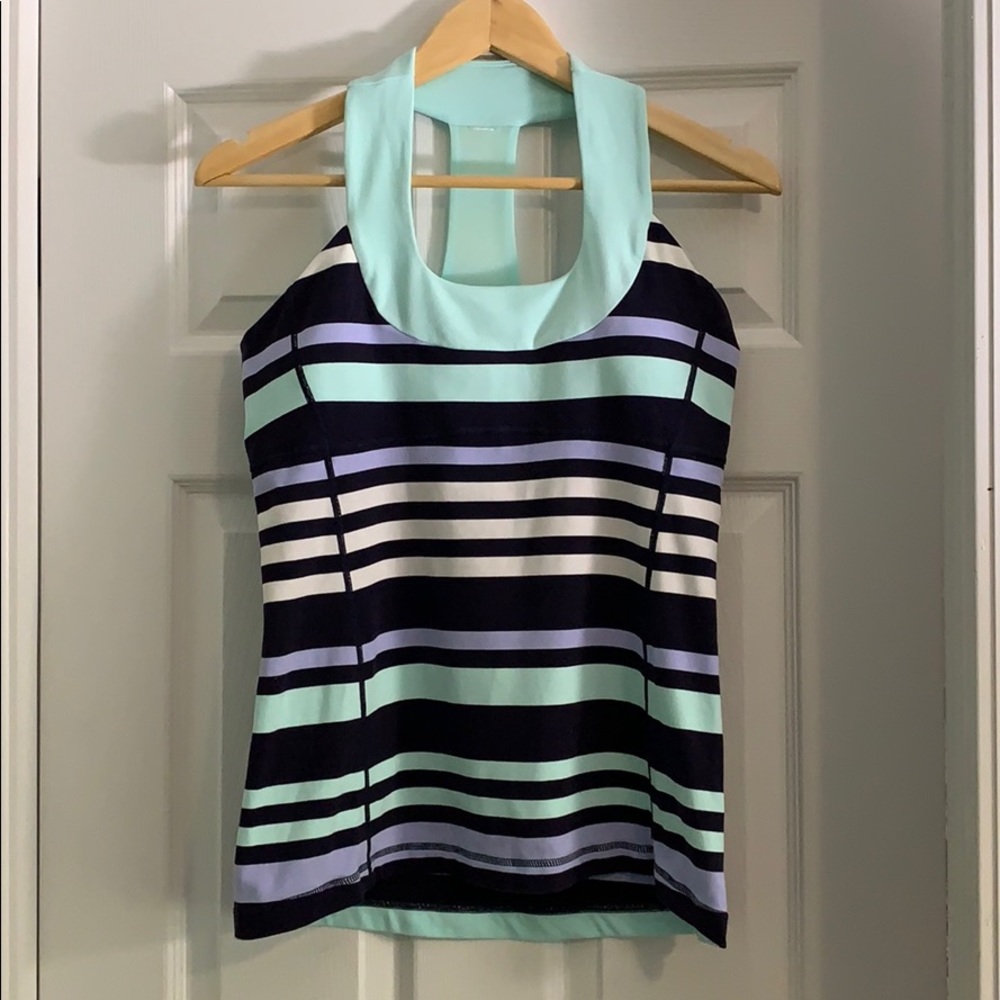 Lululemon top, Navy + Mint striped, Size 10 no tag